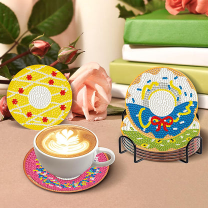 8 Pcs Wooden DIY Diamond Painting Art Coaster Kit with Holder (Doughnut)