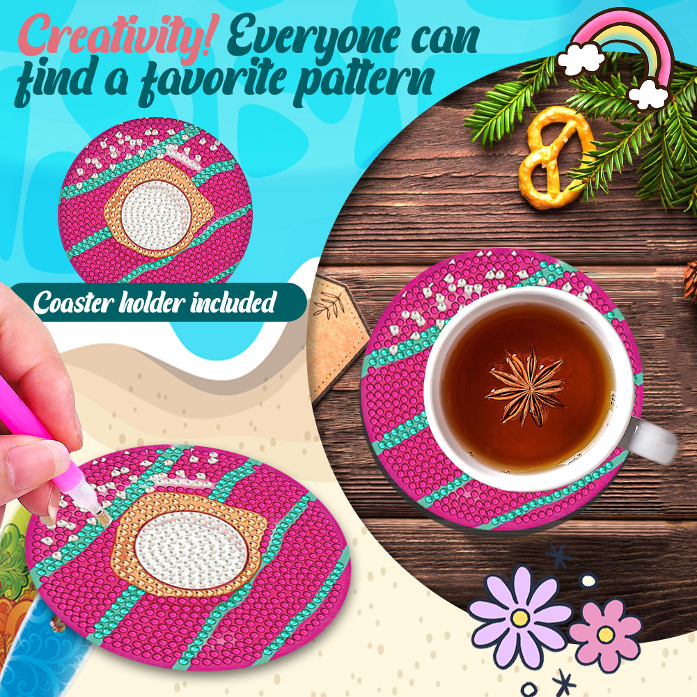 8 Pcs Wooden DIY Diamond Painting Art Coaster Kit with Holder (Doughnut)