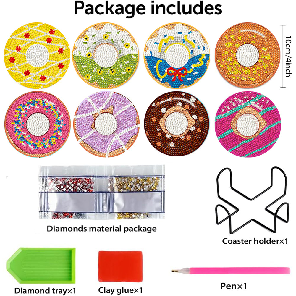 8 Pcs Wooden DIY Diamond Painting Art Coaster Kit with Holder (Doughnut)