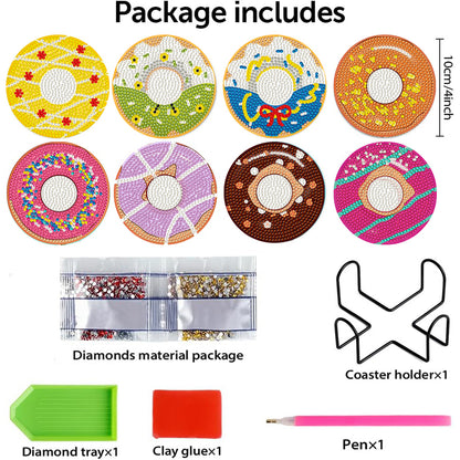 8 Pcs Wooden DIY Diamond Painting Art Coaster Kit with Holder (Doughnut)