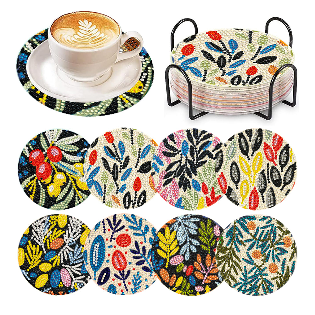 8 Pcs Wooden DIY Diamond Painting Art Coaster Kit with Holder (Fresh Garden)