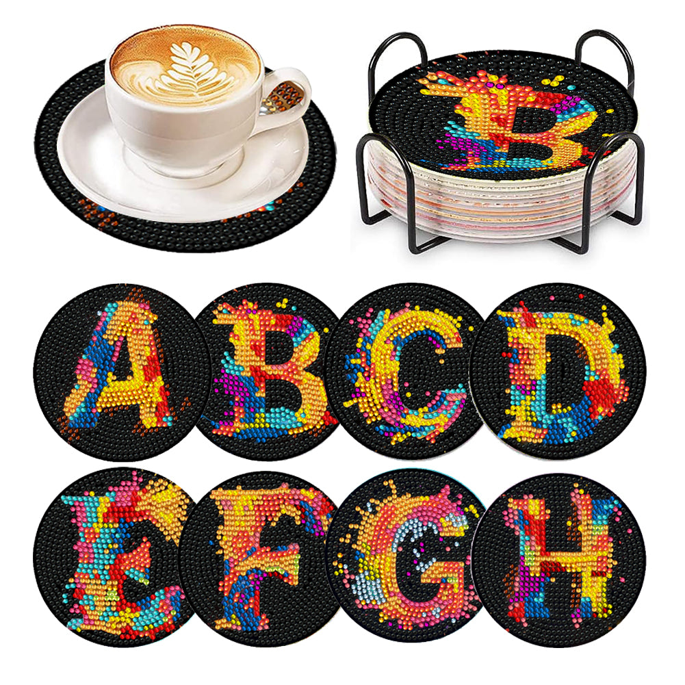 8 Pcs Wooden DIY Diamond Painting Art Coaster Kit with Holder (Alphabet)