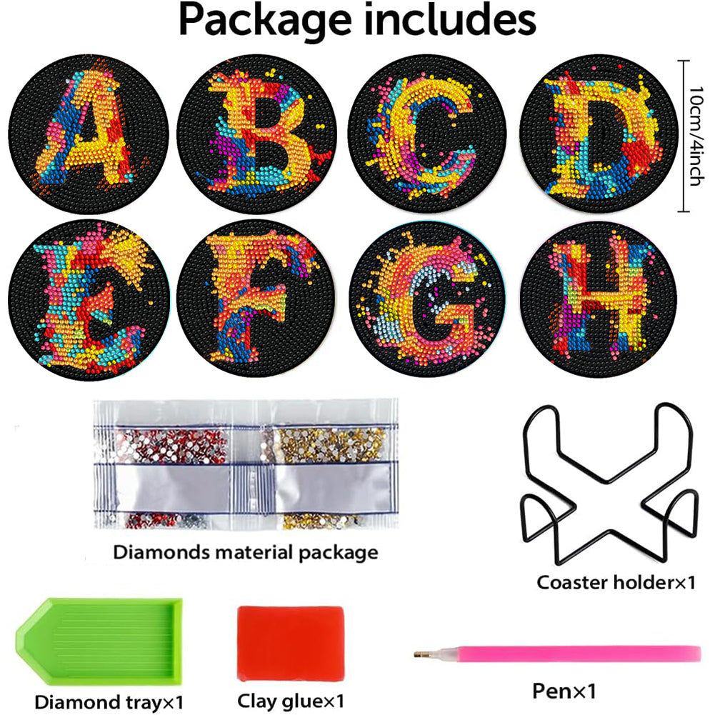 8 Pcs Wooden DIY Diamond Painting Art Coaster Kit with Holder (Alphabet)