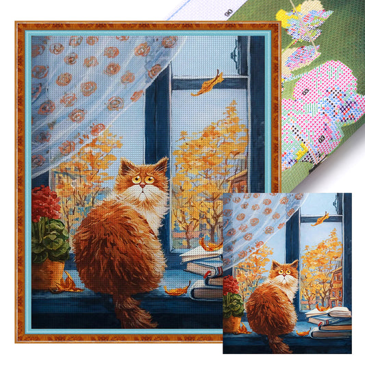 Cat On Windowsill - 14CT Stamped Cross Stitch 40*50CM