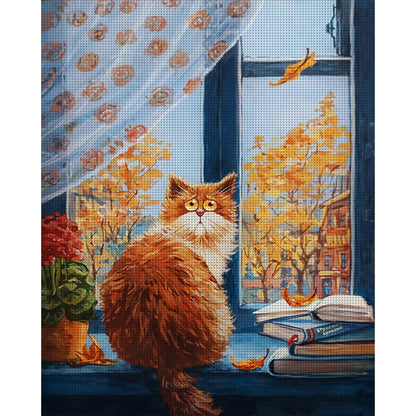 Cat On Windowsill - 14CT Stamped Cross Stitch 40*50CM