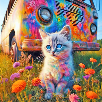 Cat Flower Bush And Bus - Full Round Drill Diamond Painting 40*40CM