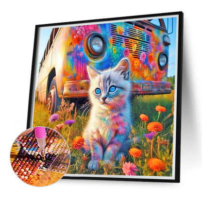 Cat Flower Bush And Bus - Full Round Drill Diamond Painting 40*40CM