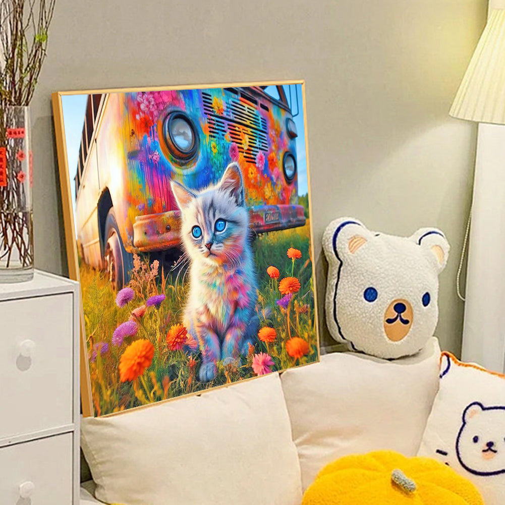 Cat Flower Bush And Bus - Full Round Drill Diamond Painting 40*40CM