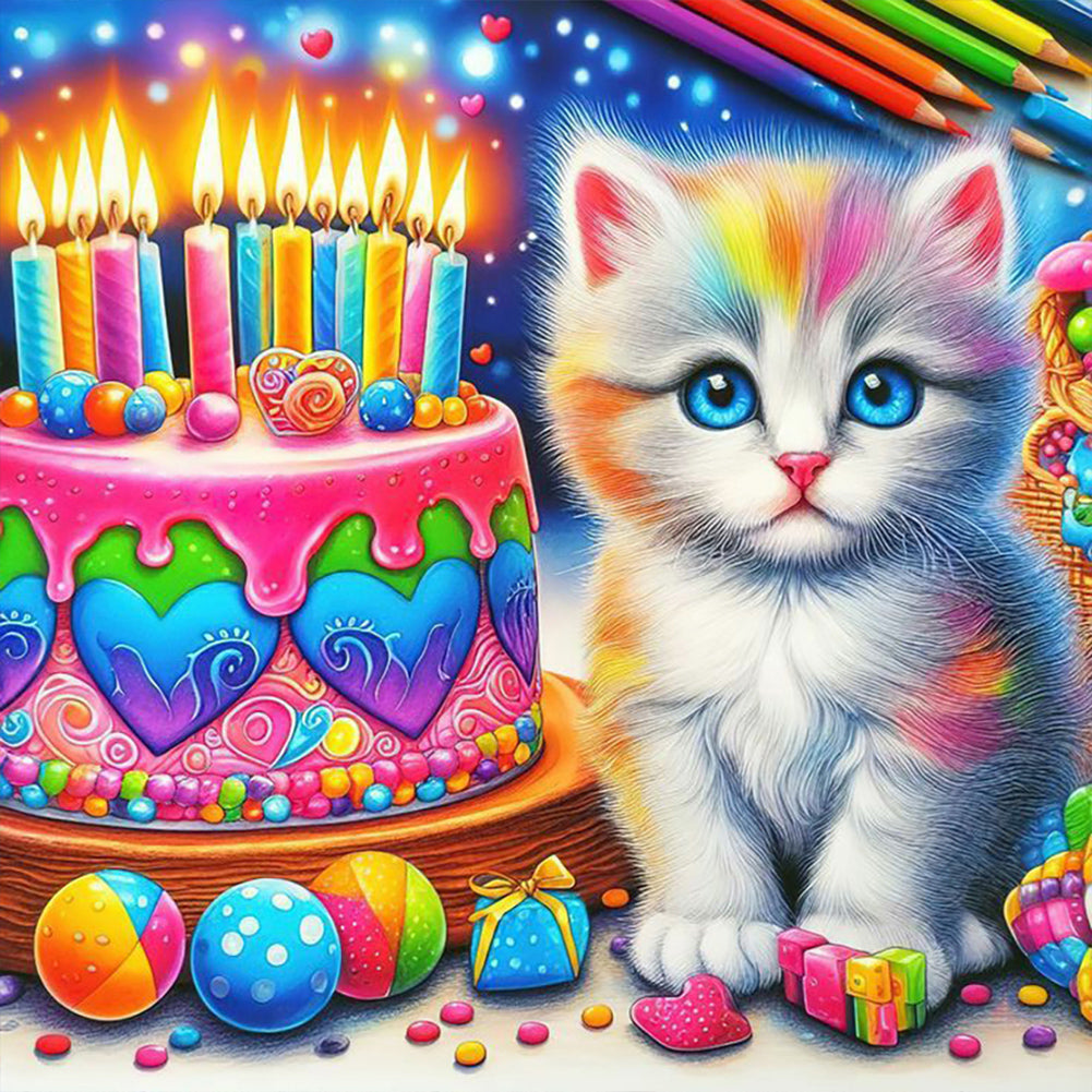 Cat With Colorful Cake - Full Round Drill Diamond Painting 40*40CM