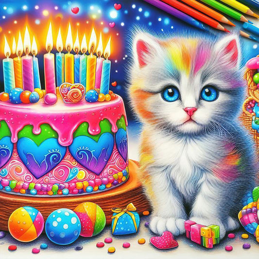 Cat With Colorful Cake - Full Round Drill Diamond Painting 40*40CM