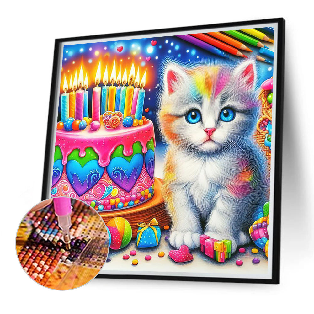 Cat With Colorful Cake - Full Round Drill Diamond Painting 40*40CM