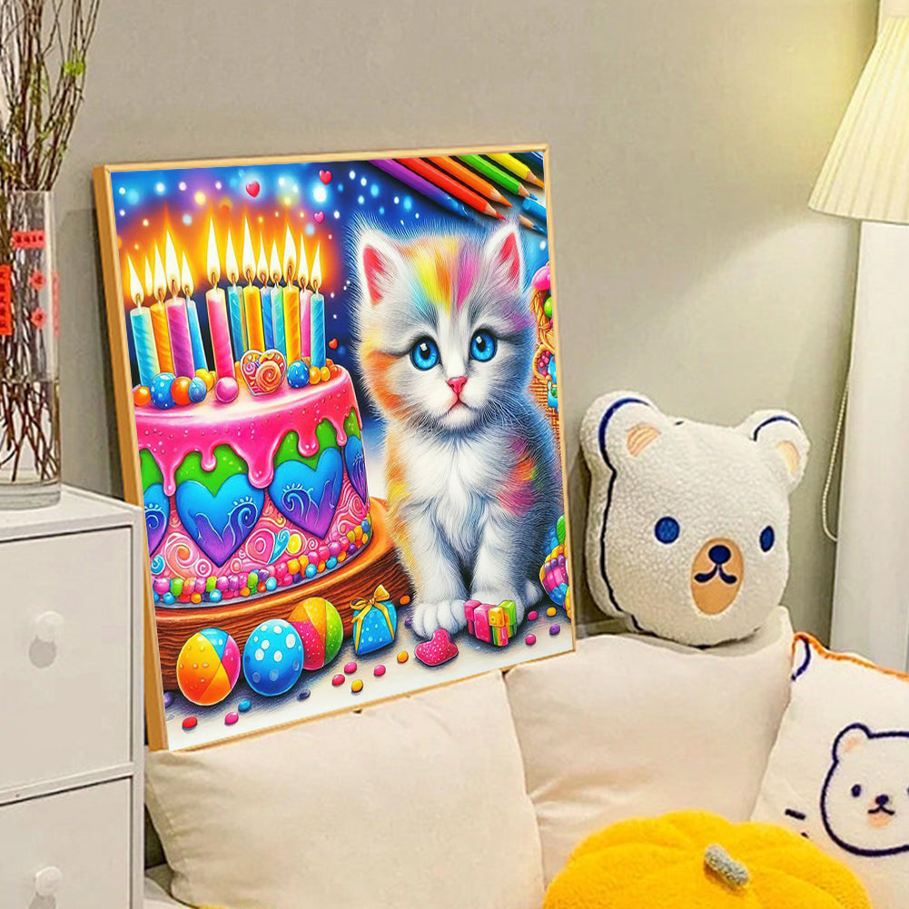 Cat With Colorful Cake - Full Round Drill Diamond Painting 40*40CM