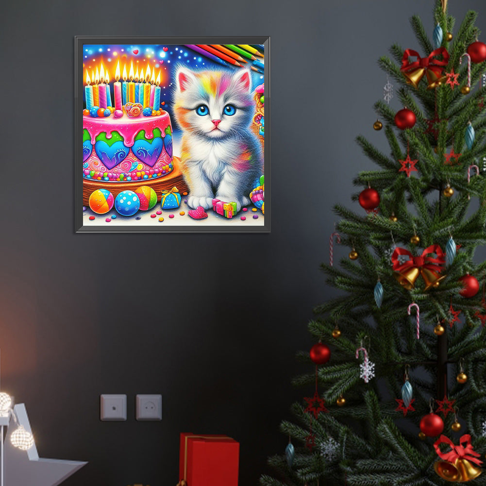 Cat With Colorful Cake - Full Round Drill Diamond Painting 40*40CM