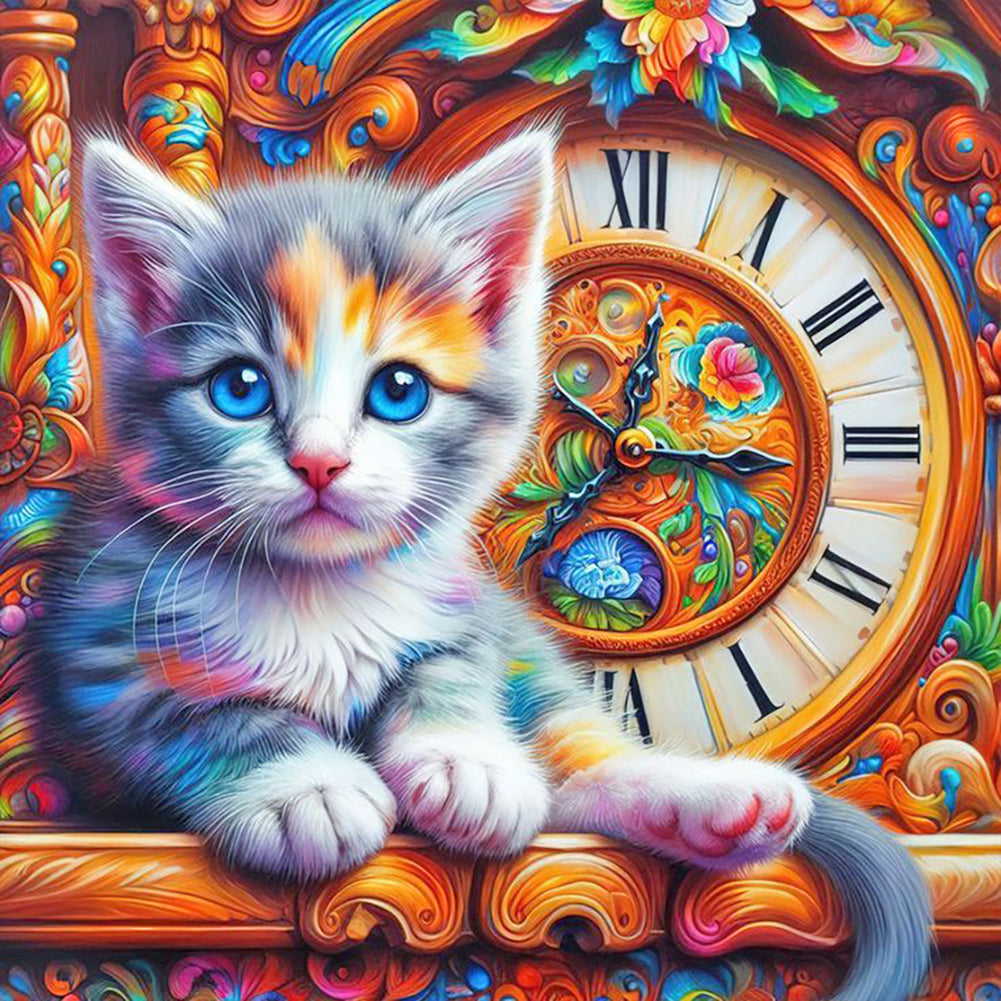 Cat And Clock - Full Round Drill Diamond Painting 40*40CM