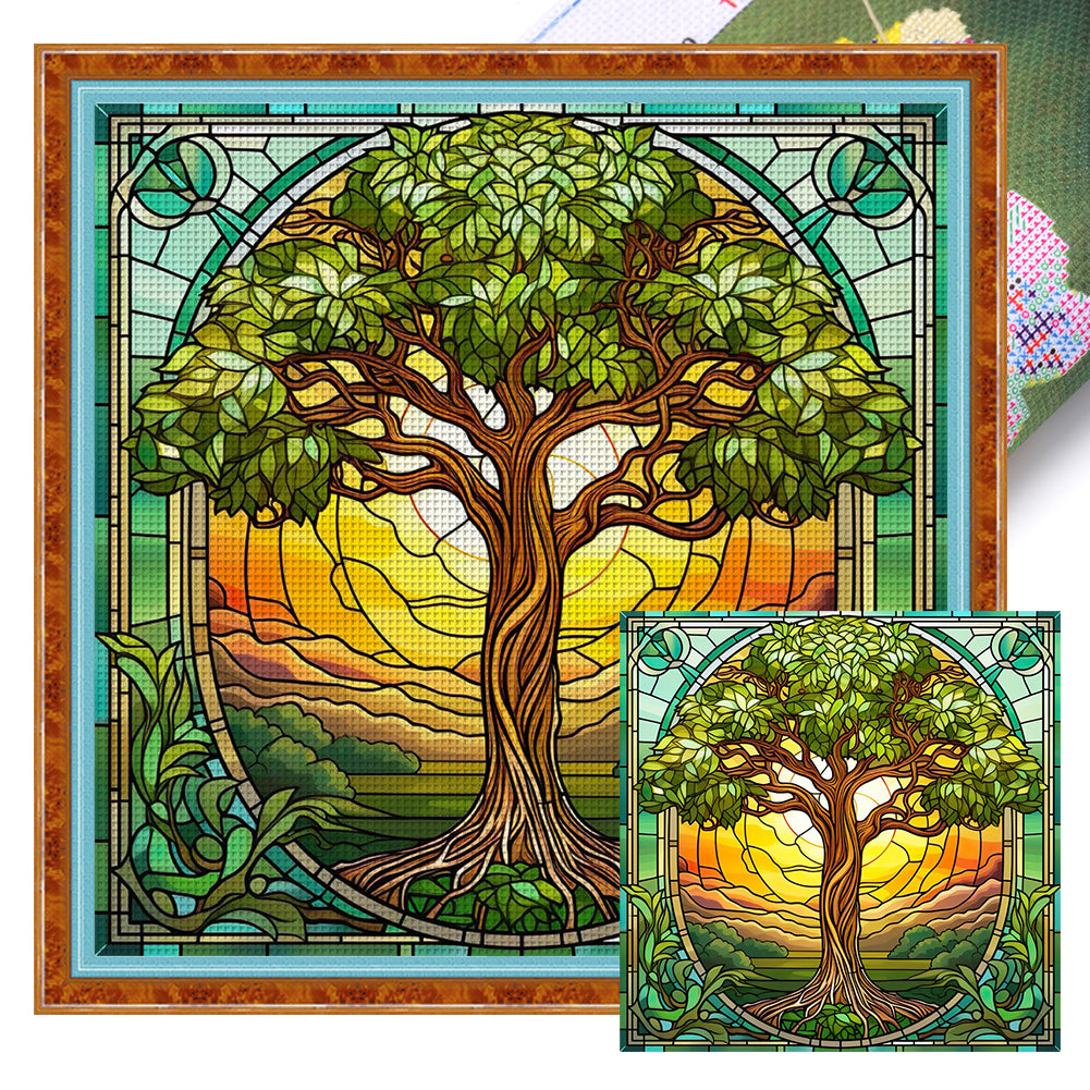 Glass Painting-Tree Of Life - 14CT Stamped Cross Stitch 40*40CM