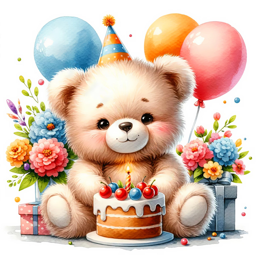 Birthday Bear - Full Round Drill Diamond Painting 30*30CM