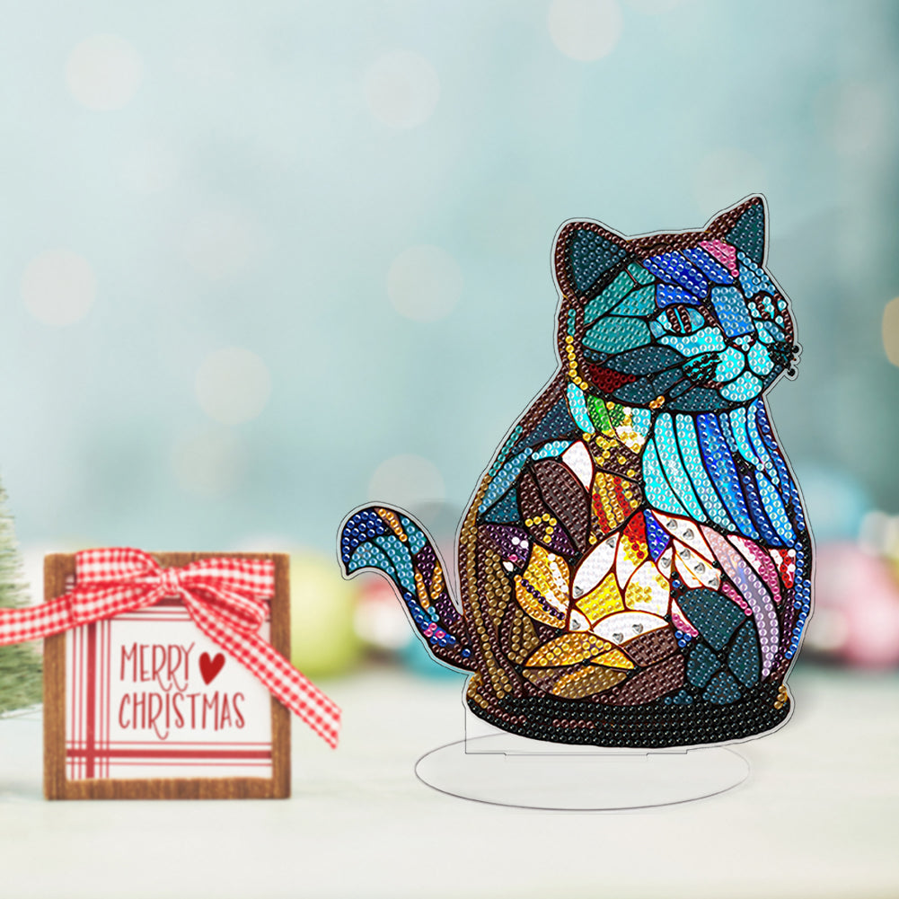 Diamond Painting Desktop Decoration with Light for Office Desktop Decor (Cat)