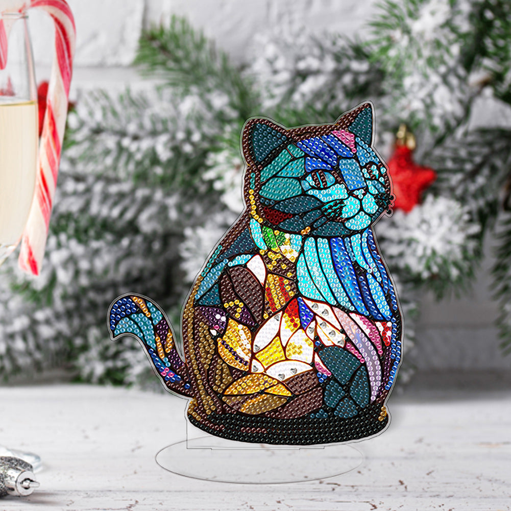 Diamond Painting Desktop Decoration with Light for Office Desktop Decor (Cat)