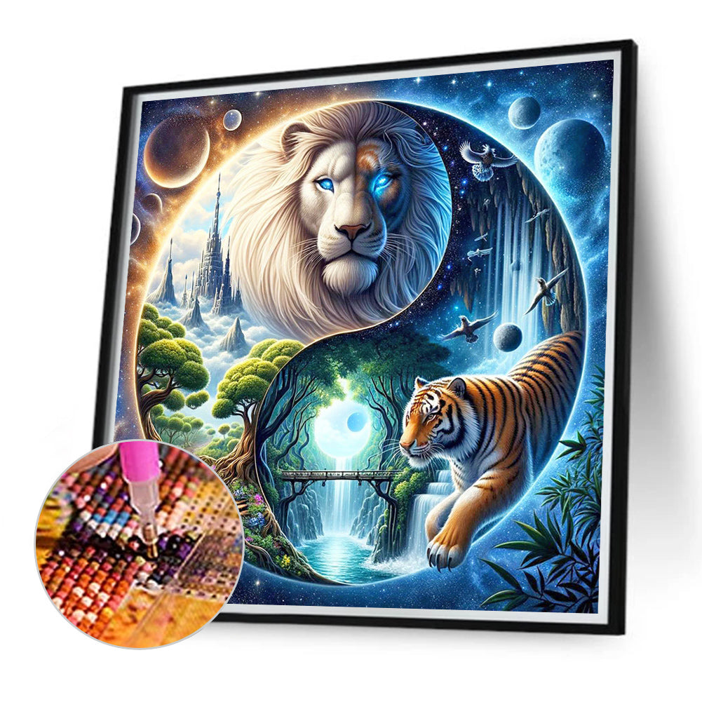 Yin Yang Diagram White Lion And Tiger - Full Round Drill Diamond Painting 40*40CM