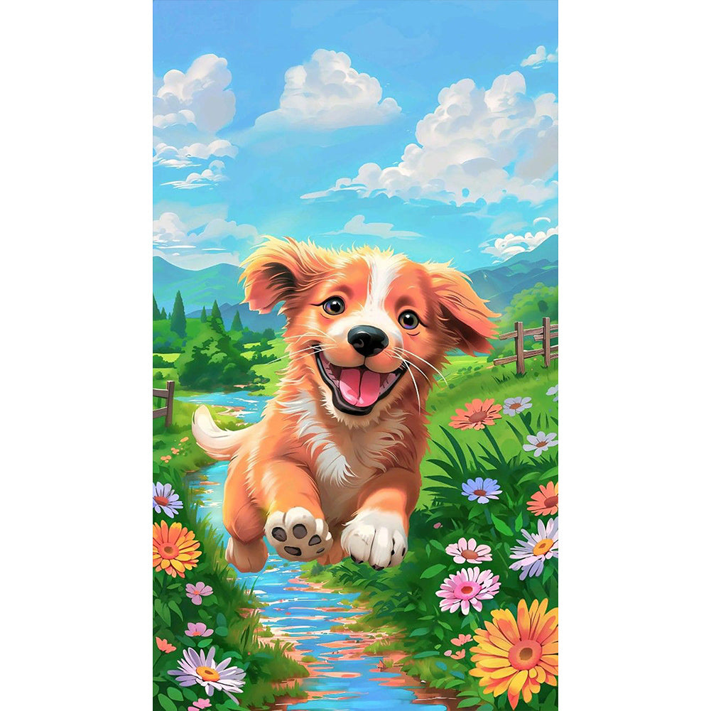 Dog Running On Grass - Full Round Drill Diamond Painting 40*70CM