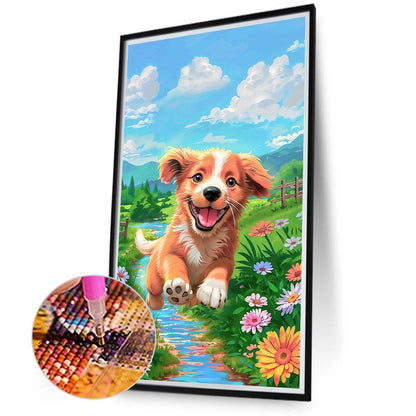 Dog Running On Grass - Full Round Drill Diamond Painting 40*70CM