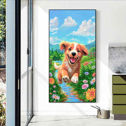 Dog Running On Grass - Full Round Drill Diamond Painting 40*70CM