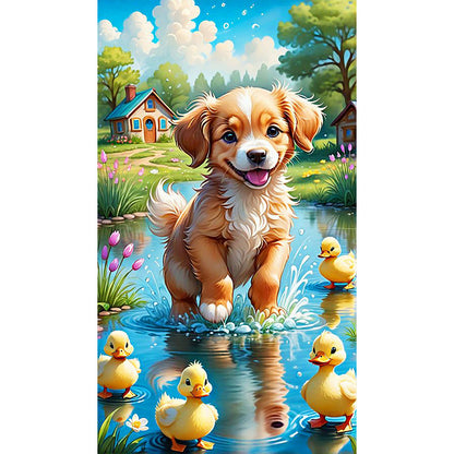 Dog Playing In The River - Full Round Drill Diamond Painting 40*70CM