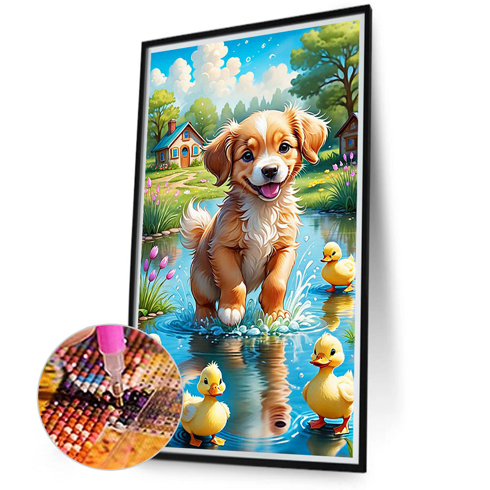 Dog Playing In The River - Full Round Drill Diamond Painting 40*70CM