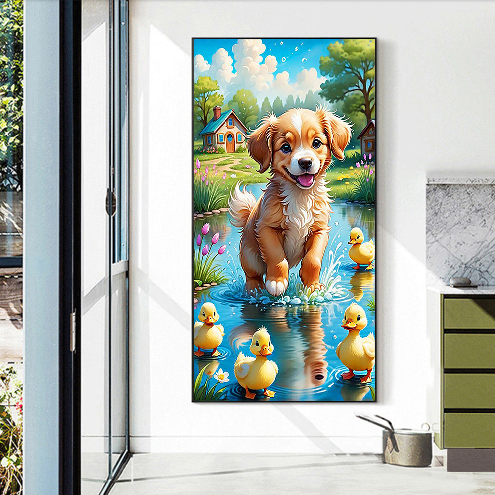 Dog Playing In The River - Full Round Drill Diamond Painting 40*70CM