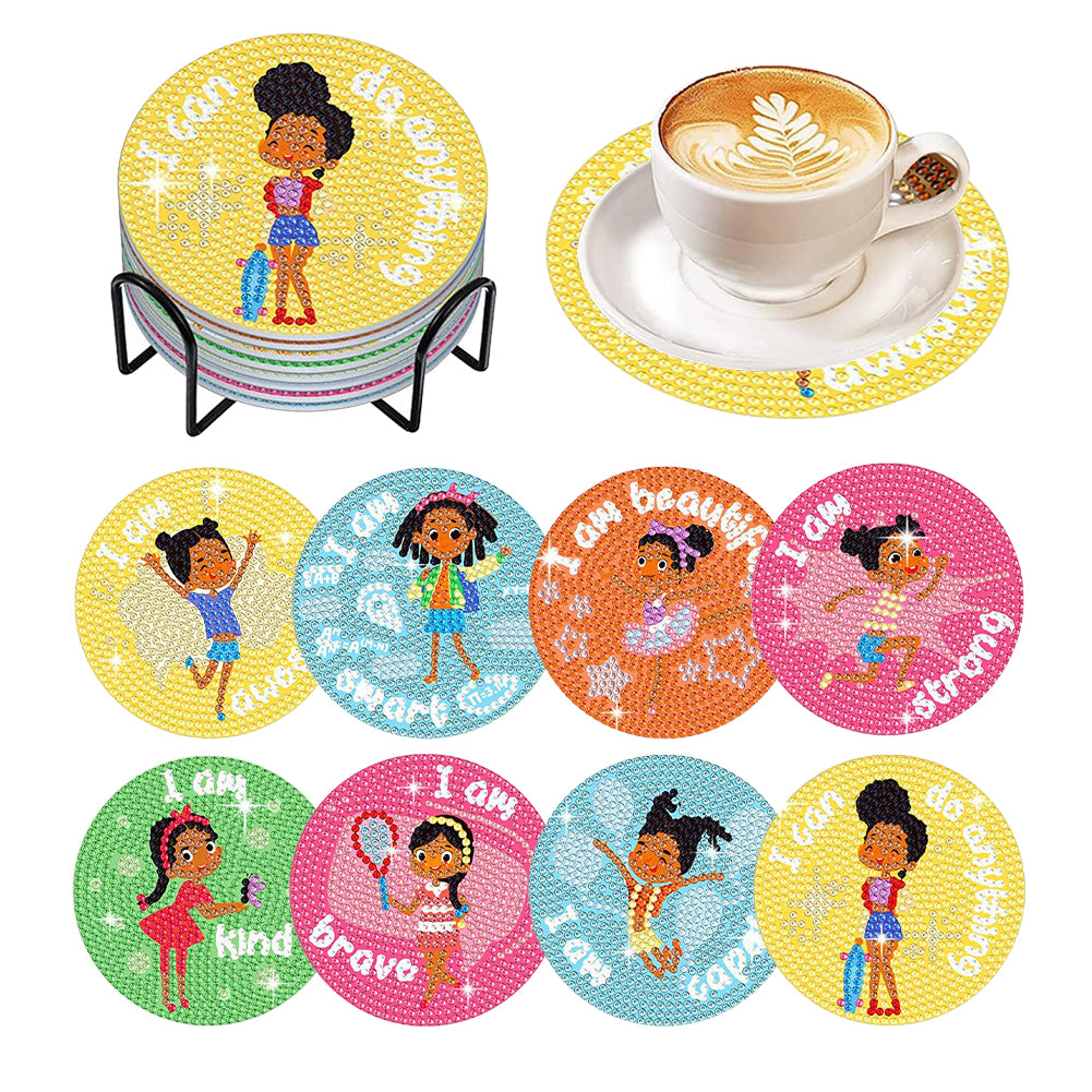 8 Pcs Wooden DIY Diamond Painting Coasters Kits with Holder (Girl on Vacation)