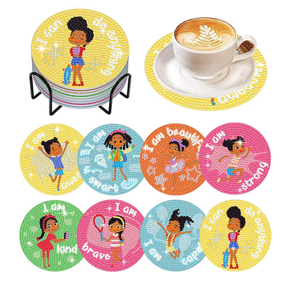 8 Pcs Wooden DIY Diamond Painting Coasters Kits with Holder (Girl on Vacation)
