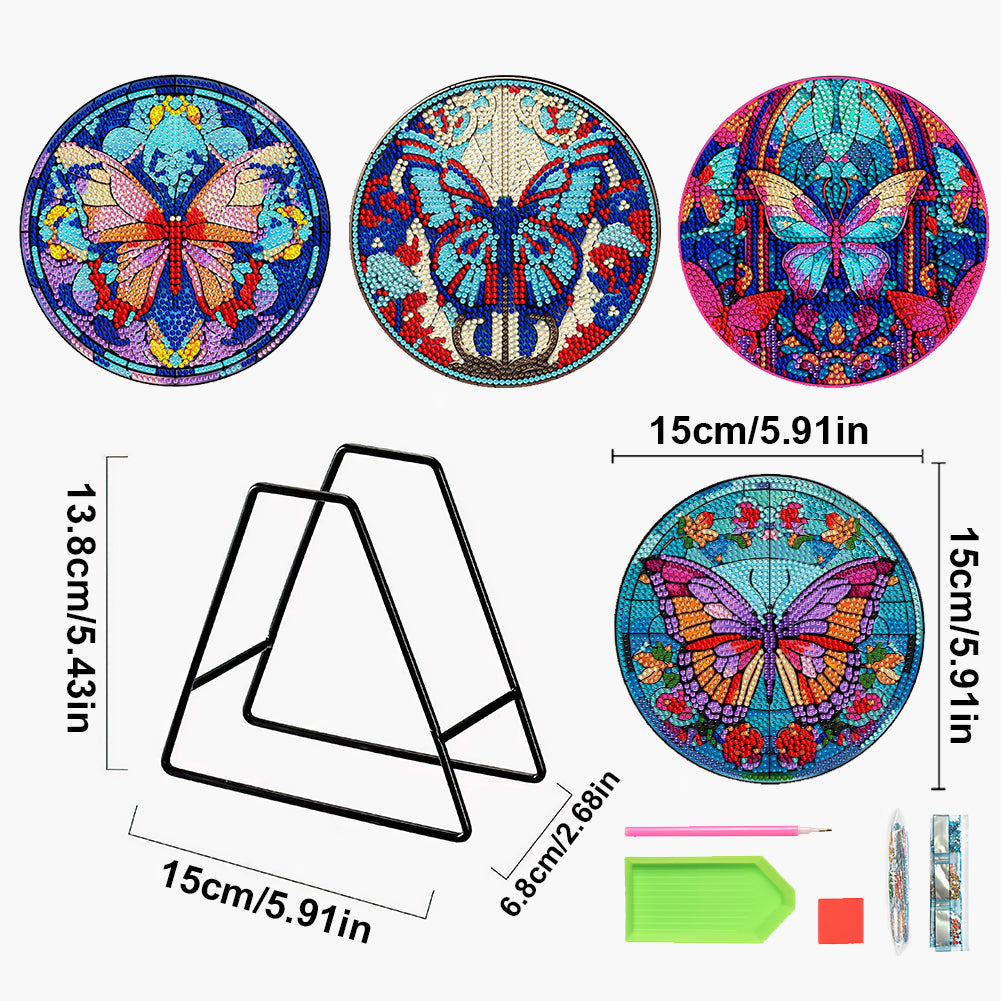 4 Pcs Acrylic Diamond Painted Placemats Tableware Mat with Holder (Butterfly)