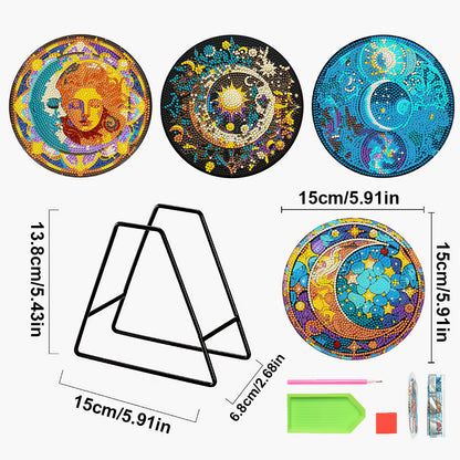 4Pcs Acrylic Diamond Painted Placemats Tableware Mat with Holder(Moon and Stars)