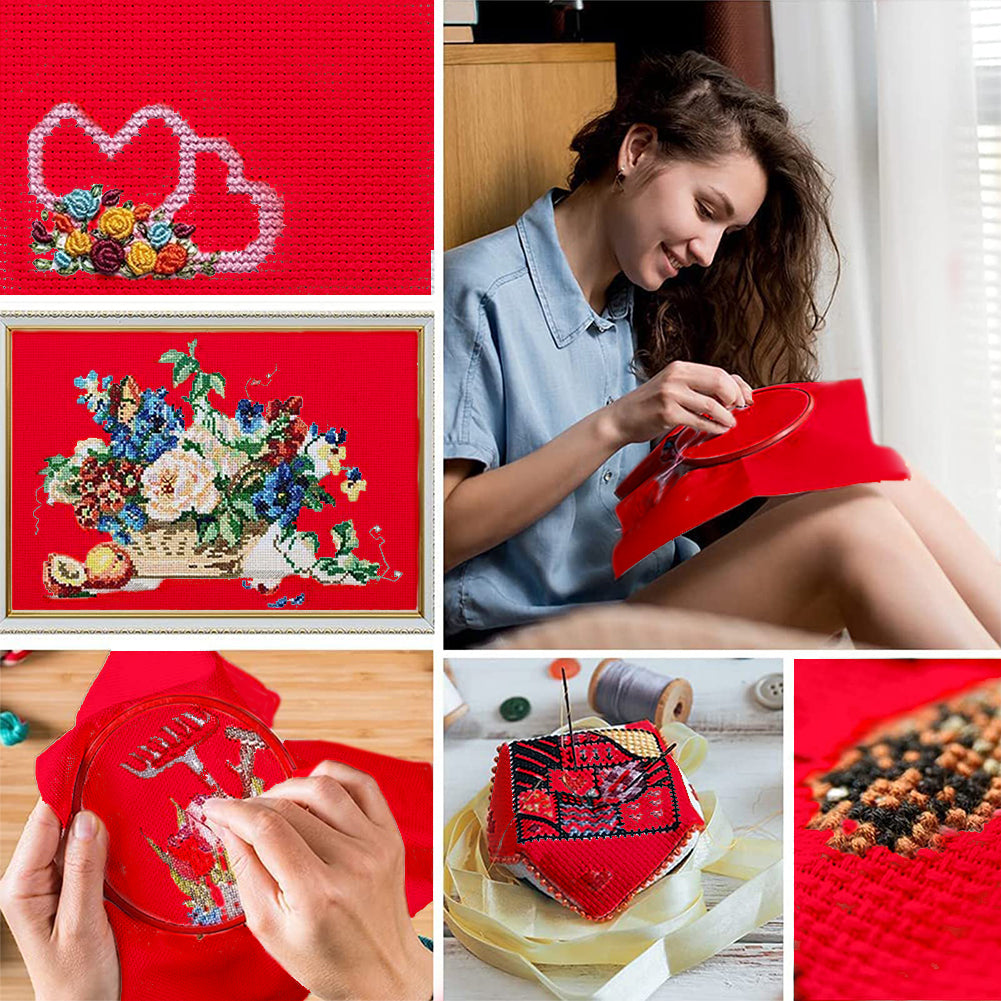 5 Pcs Red Cross Stitch Cloth 11 Count Classic Embroidery Fabric (11.8x11.8in)