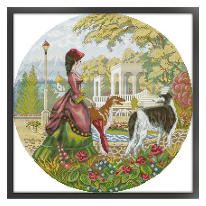 Lady And Dog(2) - 14CT Stamped Cross Stitch 44*44CM(Joy Sunday)