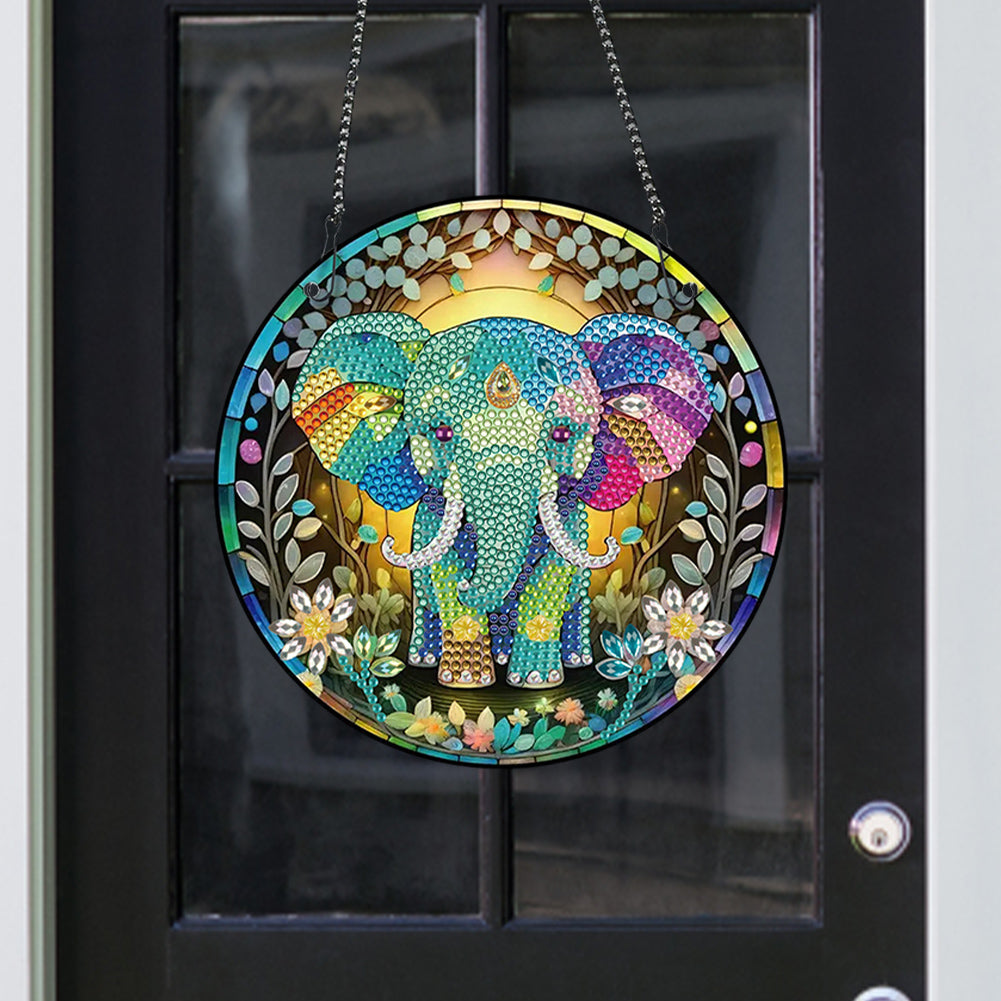 Acrylic Single-Sided Round Diamond Painting Hanging Pendant19.5x19.5cm(Elephant)