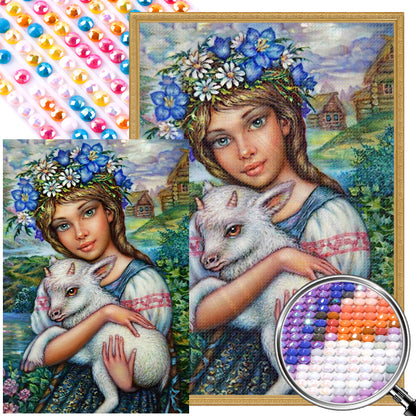 Girl Holding Sheep - Full AB Round Drill Diamond Painting 50*70CM