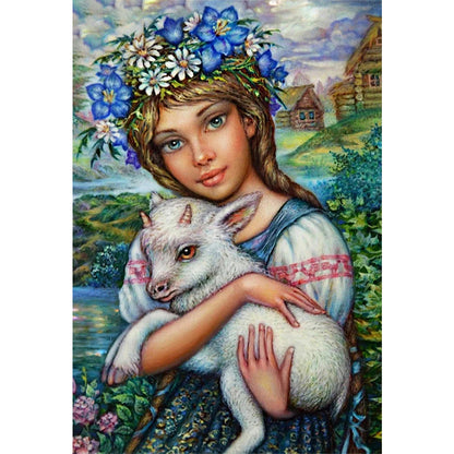 Girl Holding Sheep - Full AB Round Drill Diamond Painting 50*70CM