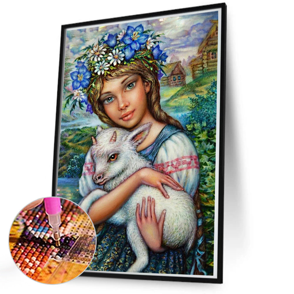 Girl Holding Sheep - Full AB Round Drill Diamond Painting 50*70CM