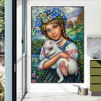 Girl Holding Sheep - Full AB Round Drill Diamond Painting 50*70CM