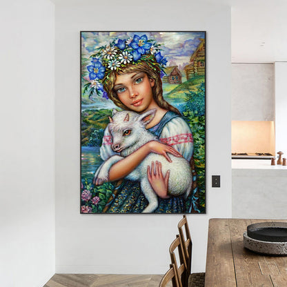 Girl Holding Sheep - Full AB Round Drill Diamond Painting 50*70CM