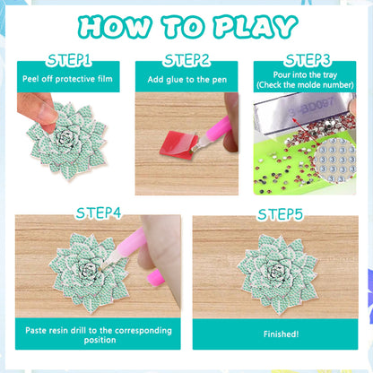 10 Pcs Wooden Diamond Painting Coaster Kit with Holder for Beginners (Succulent)