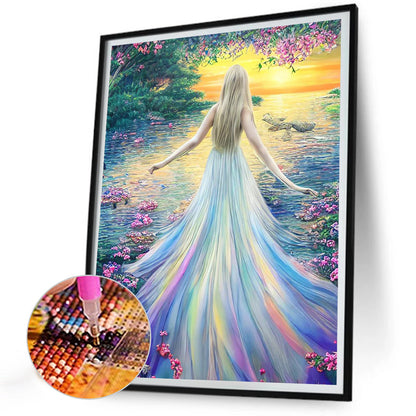 Girl In Colorful Skirt By The Lake - Full Round Drill Diamond Painting 30*40CM