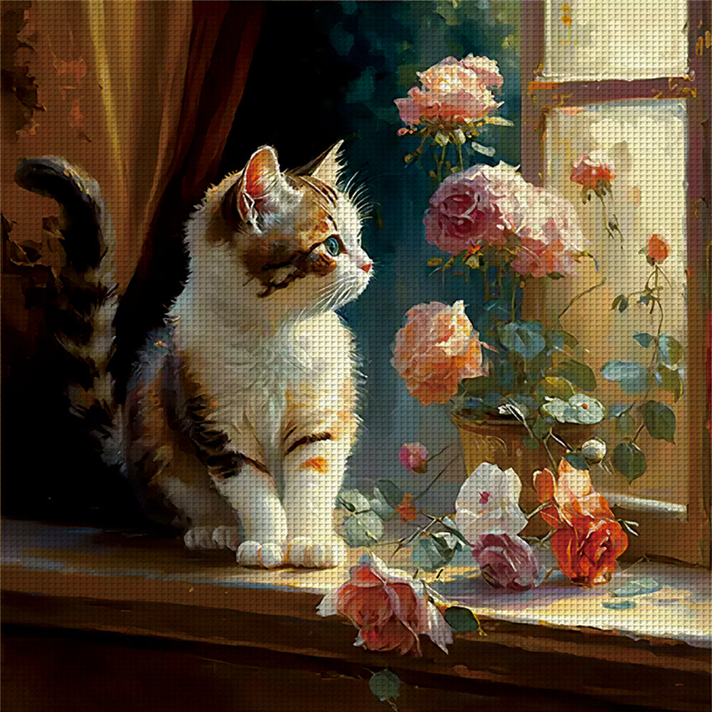 Windowsill Cat B - 11CT Stamped Cross Stitch 50*50CM