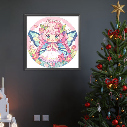 Pink Hair Cartoon Girl - Full AB Round Drill Diamond Painting 40*40CM