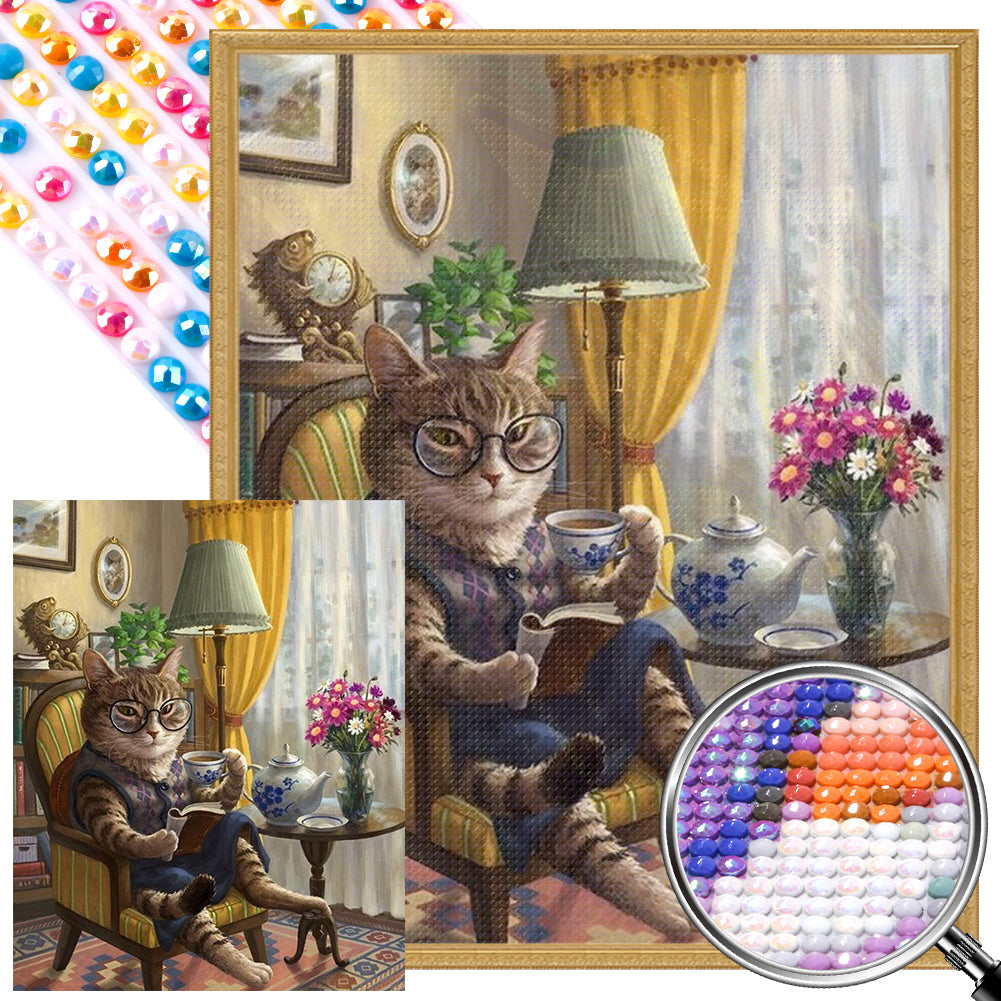 Cat Reading Book - Full AB Round Drill Diamond Painting 40*50CM