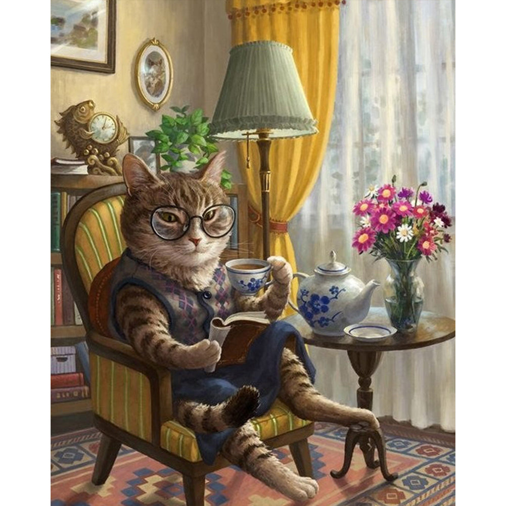 Cat Reading Book - Full AB Round Drill Diamond Painting 40*50CM