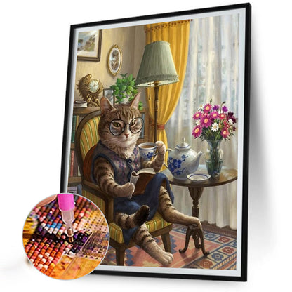 Cat Reading Book - Full AB Round Drill Diamond Painting 40*50CM