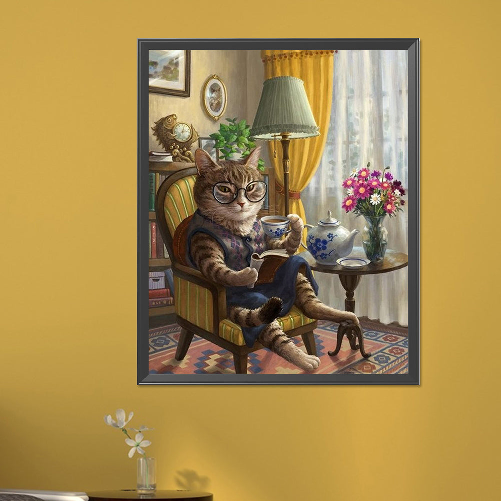 Cat Reading Book - Full AB Round Drill Diamond Painting 40*50CM