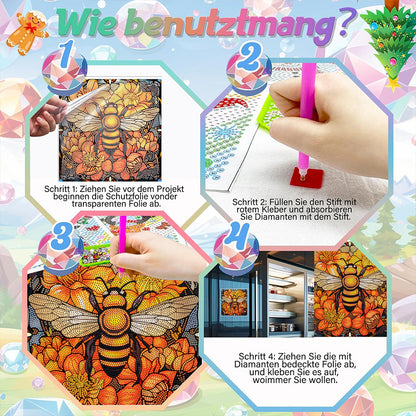 Diamond Painting Sticker Gem Sticker for Kid Gift30x30cm(Stain Glass Bee Flower)